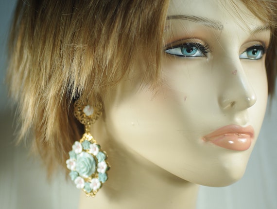 Vintage Pastel Blue Flower Chandelier Earrings, G… - image 7