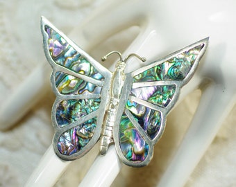 Vintage Sterling Abalone Butterfly Brooch, Hecho en Mexico Sterling Shell Butterfly, Iridescent Large Abalone Brooch, Hallmarked Sterling