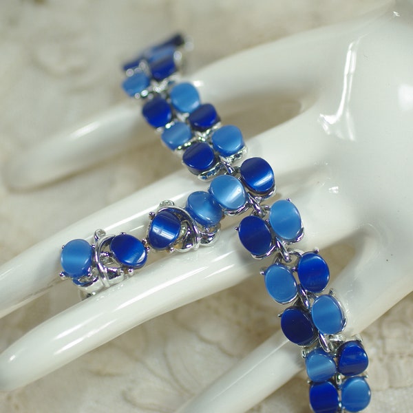 Vintage Longcraft Bracelet Earring Set, Multi Blue Thermoset Link Bracelet Set, Vintage Blue Acrylic Rhodium Bracelet Set, Jewelry Under 40