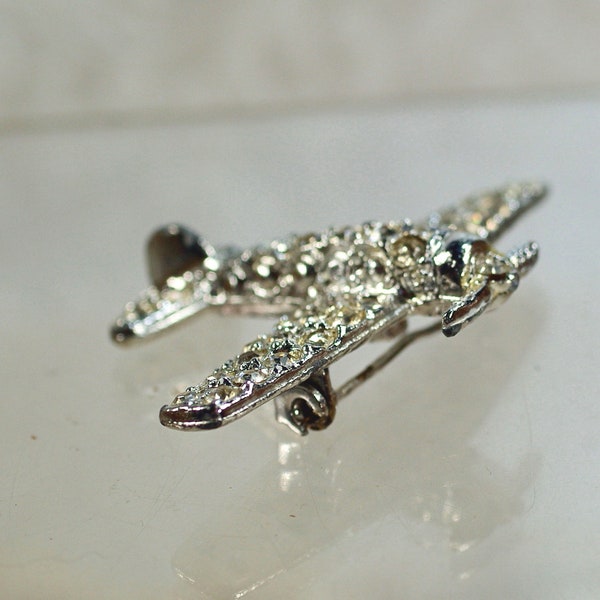 Vintage Rhinestone Airplane Brooch, Flight Attendant Pilot Plane Enthusiast, Figural Single Engine Airplane Brooch Under 25