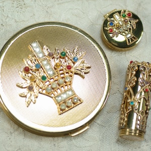 Hampden Jeweled 2 Piece Compact Set, Hampden Flower Compact Under 150, Hampden Rouge and Lipstick, Friend Birthday Graduation Vanity Gift