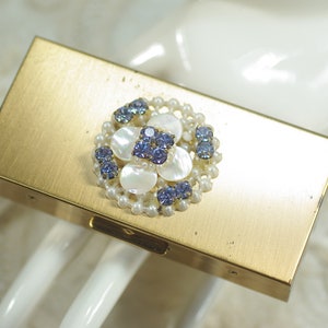 Rosalite by Wiesner Vanity Accessory Box, Vintage MOP Pearl Blue Rhinestone Jewelry Trinket Storage, Gold Finish Collector Storage Box