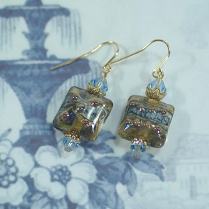 Handcrafted Lampwork Glass Earrings: Blue Swarovski Crystals, Gold-Filled Wires