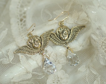 Brincos personalizados de anjo com cristais Swarovski, brincos de querubim exclusivos em ouro vitoriano.