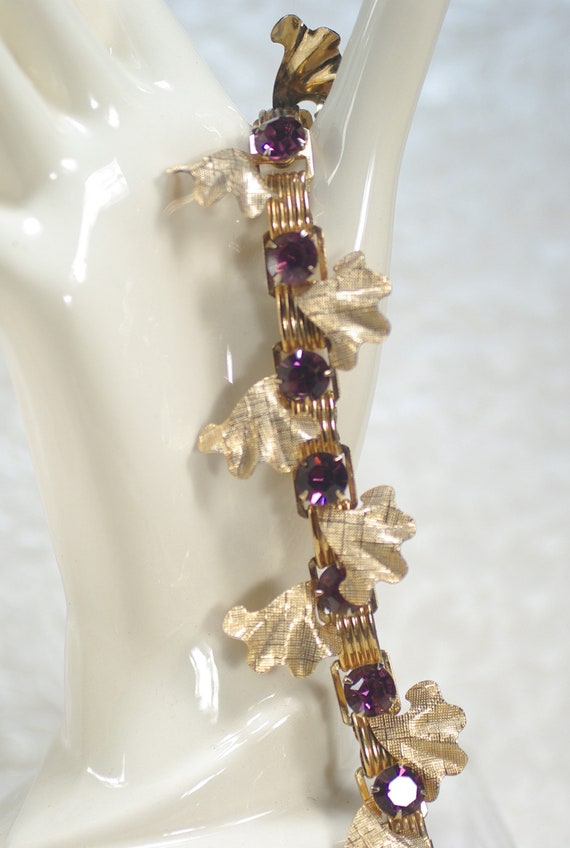 Amethyst Rhinestone Gold Link Bracelet, Gold Fan … - image 3