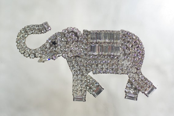 Vintage Clear Rhinestone Elephant Brooch, Politic… - image 1