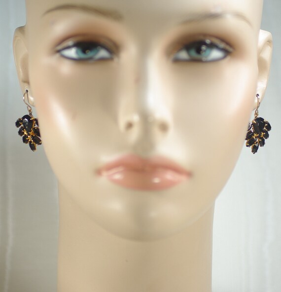 CLIP ON 3long JET BLACK CRYSTAL glass rhinestone EARRINGS vintage brass BIG 7cm