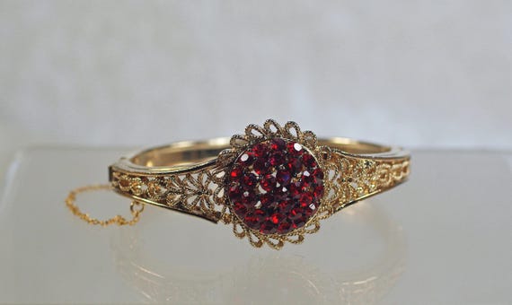 Red Rhinestone Gold Cuff Bracelet, Vintage Birthday