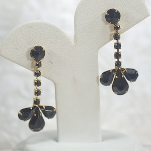 Jet Rhinestone Gold Post Earrings: Black Glass Dangles