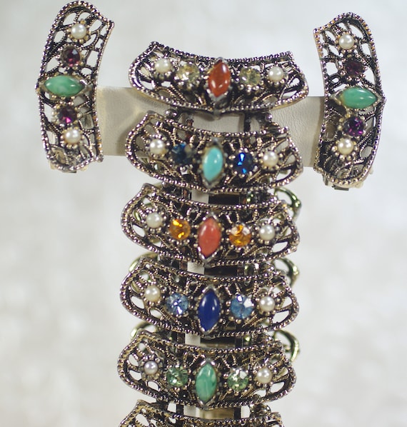 Vintage Chunky Rhinestone Pearl Bracelet Set, Simu