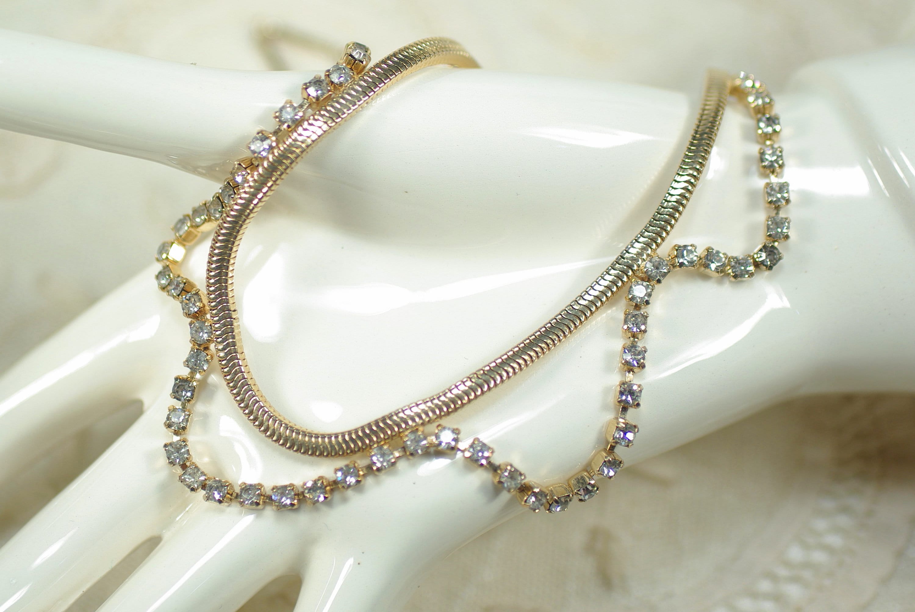 Vintage Kramer Rhinestone Swag Necklace: Adjustable Gold Snake