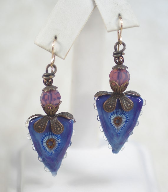 Vintage Blue Lampwork Glass Dangle Earring, Artis… - image 1