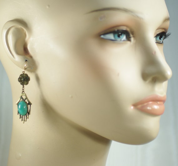 Vintage Art Deco Green Glass Earrings, Green Czec… - image 7