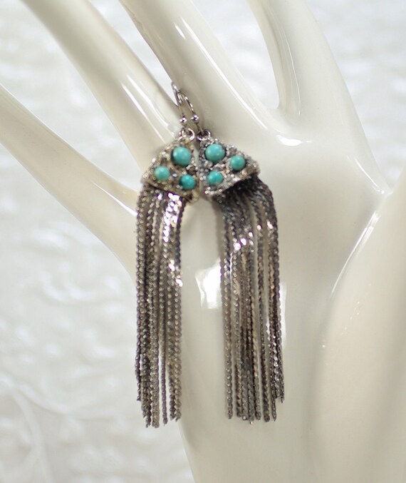 Vintage Turquoise Waterfall earrings, Silver Turq… - image 4