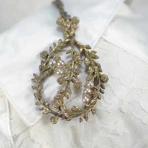 Victorian Style Pearl Flower Pendant Necklace - Brass Leaf Filigree