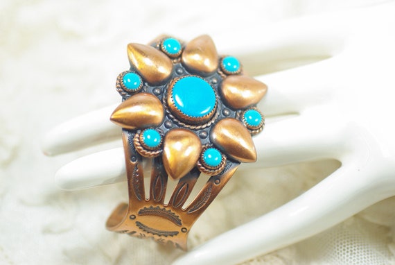 Vintage Bell Copper Turquoise Bracelet, Native Am… - image 3