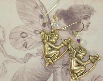 Pendientes de querubín Art Nouveau: ángel dorado con cristales de Swarovski