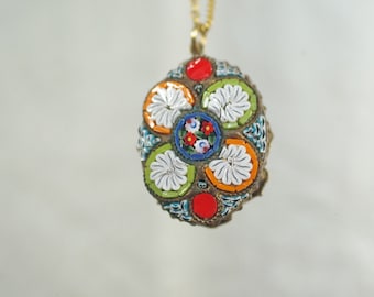 Italian Micro Mosaic Pendant: One-of-a Kind Custom Victorian Glass Flower, Vintage Italian Souvenir Jewelry