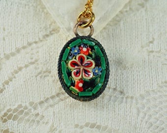 Italian Micro Mosaic Necklace: 1950's One-of-a Kind Custom Mosaic Jewelry, Victorian Flower Pendant, Grand Tour Souvenir