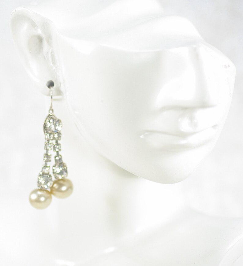 Couture Pearl Crystal Earrings Long Pearl Crystal Earrings Clear Rhinestone Chandelier Earrings Vintage Rhinestone Pearl Wedding Earrings