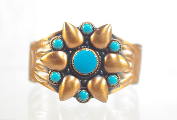 Vintage Bell Copper Turquoise Bracelet, Native Am… - image 2