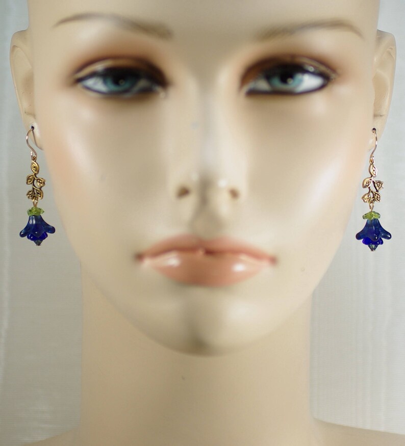 Blue Glass Flower Earrings Czech Glass Dangle Earrings Etsy