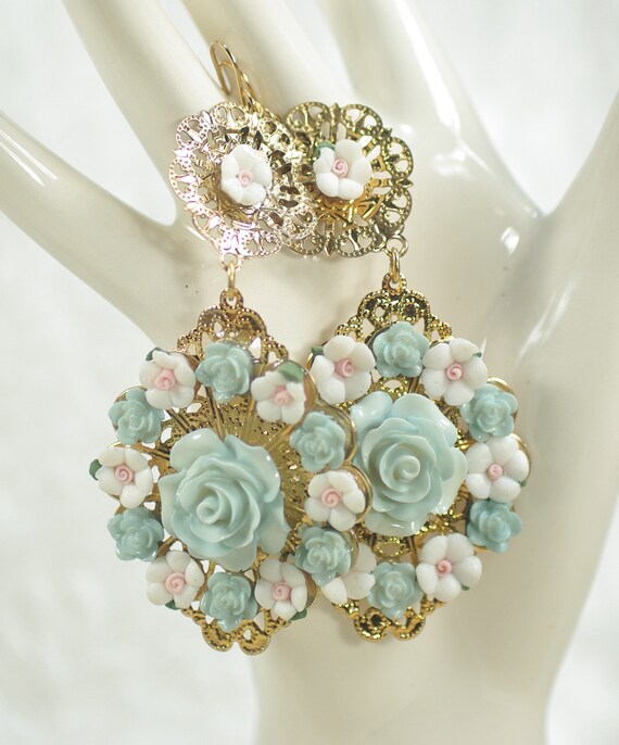 Vintage Pastel Blue Flower Chandelier Earrings, G… - image 1