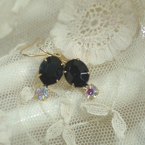 Handcrafted Vintage Black Rhinestone Drop Earrings, Minimalist Black Earrings, Upcycled Black Crystal One-of-a Kind Earrings Under 20