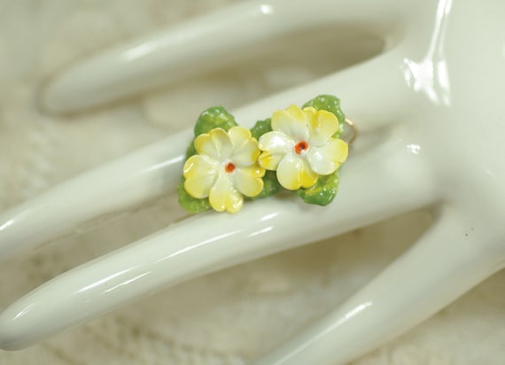 Vintage English Bone China Flower Earrings, Yello… - image 1