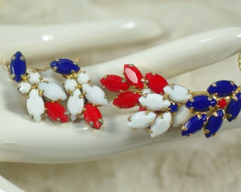 Vintage Patriotic Rhinestone Brooch Set, Red White Blue Leaf earring Set, July 4th Memorial Day Jewelry, Patriotic Dangle Earrings