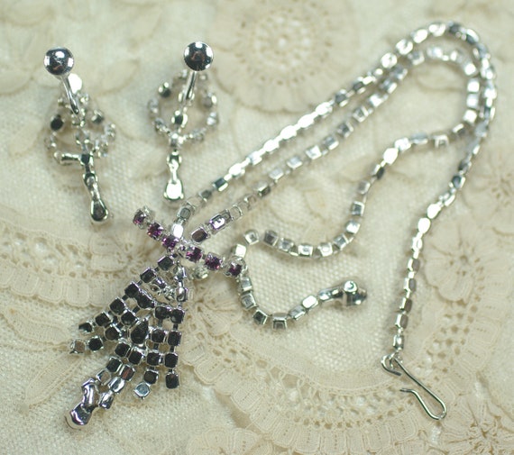 Amethyst Rhinestone Waterfall Necklace Set, Purpl… - image 9