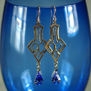 Art Deco Sapphire Swarovski Crystal Earrings: Gold Dangle Bridesmaid Jewelry