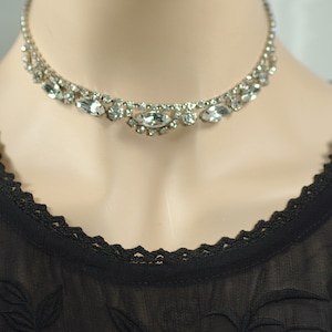 Vintage Clear Rhinestone Silver Necklace, Wedding Anniversary Adjustable Choker Under 25