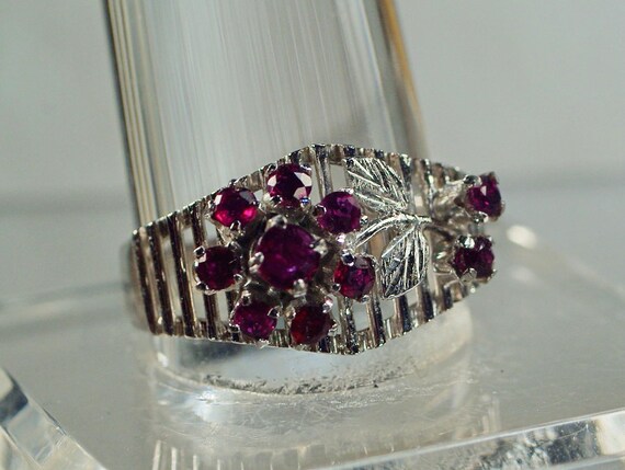 Sterling Ruby Multi Stone Ring: 1970's Flower Red… - image 5