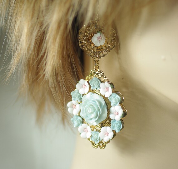 Vintage Pastel Blue Flower Chandelier Earrings, G… - image 8