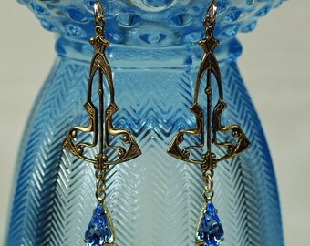 Custom Swarovski Art Deco Blue Chandelier Earring, Wedding Holiday One-of-a Kind Woman&#39;s  Earrings Under 20, Multi Colored Swarovski Earring