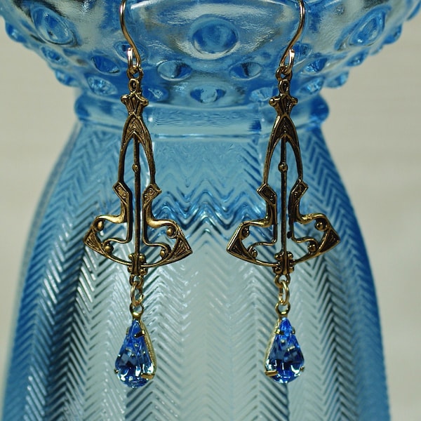 Vintage Earrings, Art Deco Inspired Blue Chandelier Earrings, Romantic Antique Reproduction Light Blue  earrings, Bridal Bridesmaid Earrings