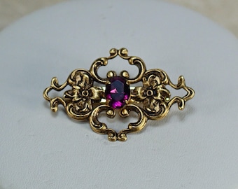 Vintage Victorian Amethyst Rhinestone Flower Pin, Floral Gold Pin, Dress Blouse Vest Pin, Bridesmaid Gift, Couture Victorian Pin Under 10