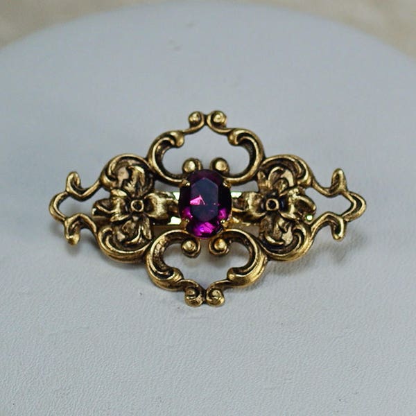 Vintage Victorian Amethyst Rhinestone Flower Pin, Floral Gold Pin, Dress Blouse Vest Pin, Bridesmaid Gift, Couture Victorian Pin Under 10