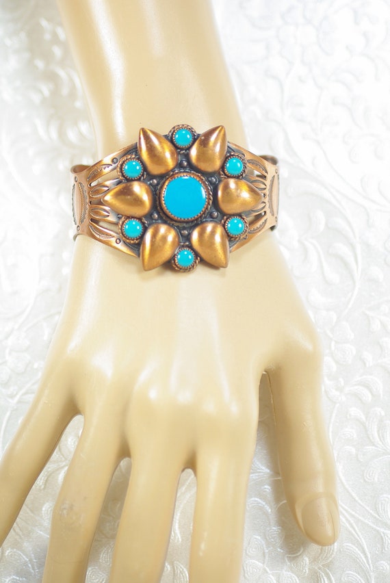 Vintage Bell Copper Turquoise Bracelet, Native Am… - image 4