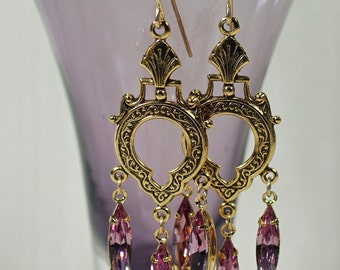 Swarovski Custom Purple Chandelier Earrings Under 25, Byzantine Baroque Roman Style Earrings, Swarovski Multi Colored Crystal Earrings