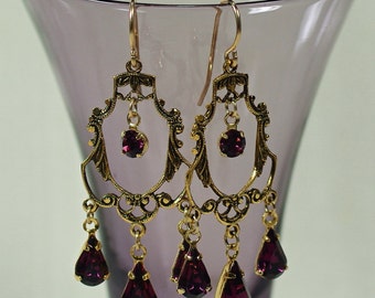 Victorian Purple Filigree Chandelier Earrings, Romantic Swarovski Earrings, Wedding Bridesmaid Earrings, Vintage Stamping Crystal Earrings