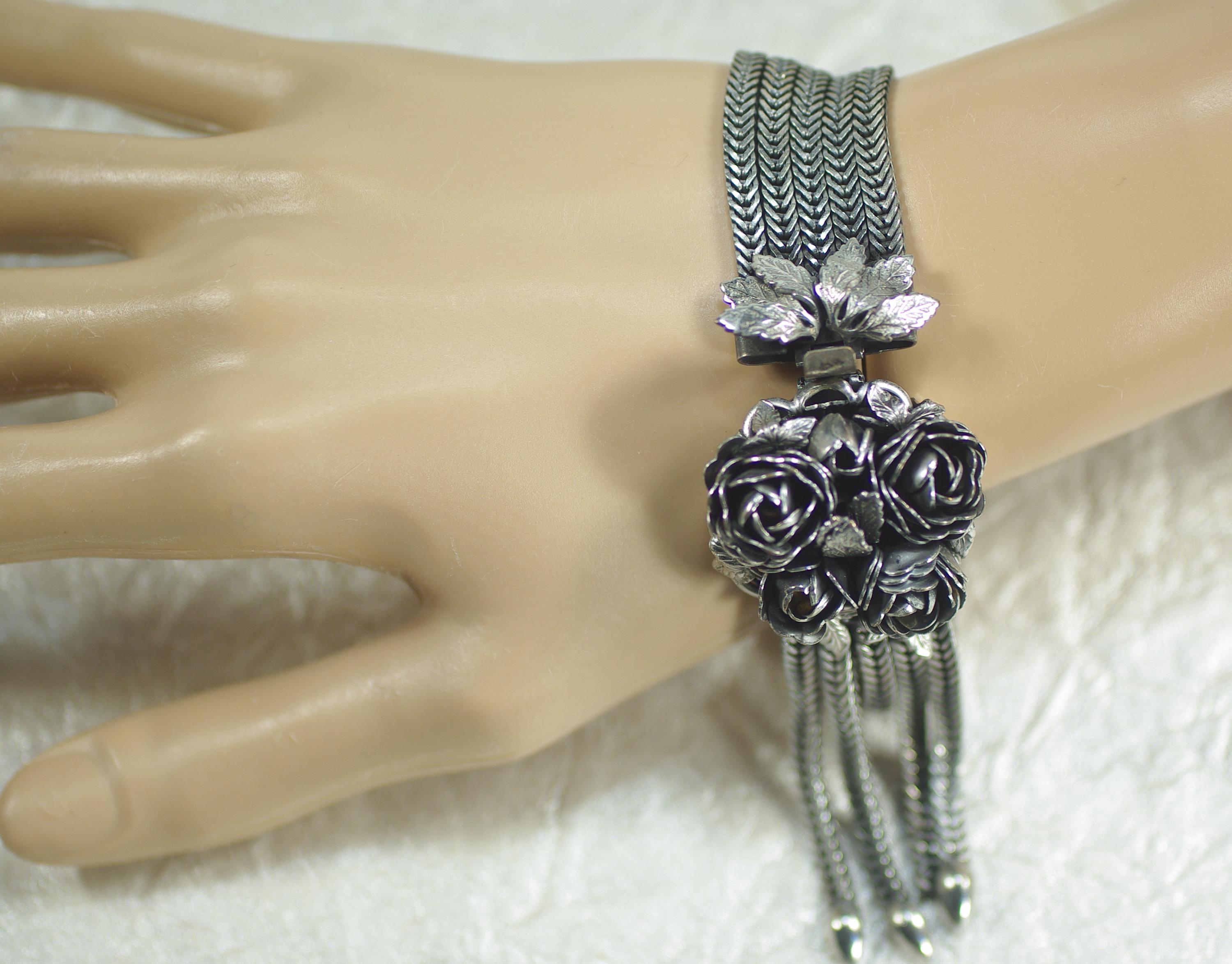 Silver Tassel Flower Bracelet: 1980's Chain Jewelry, Oxidized