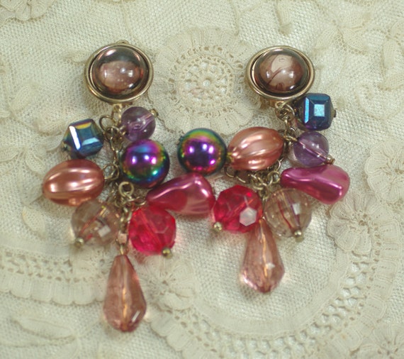 Vintage Multi Colored Chandelier Clip Earrings, P… - image 7