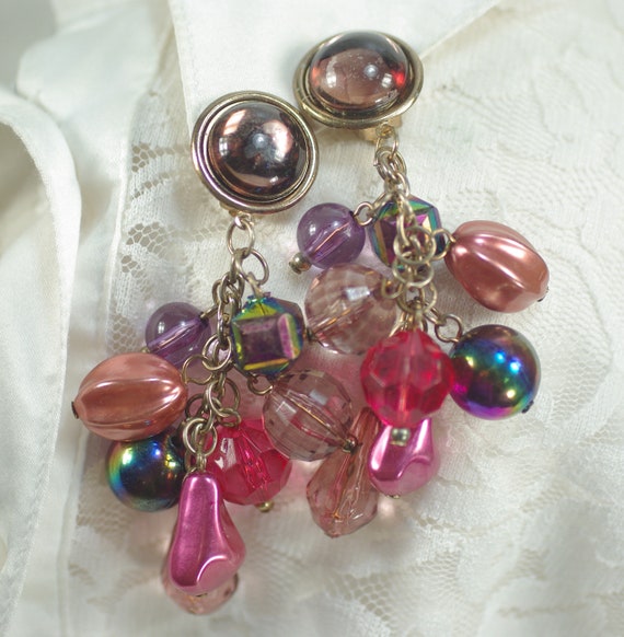 Vintage Multi Colored Chandelier Clip Earrings, P… - image 1