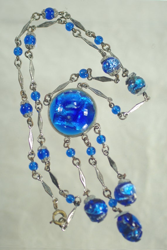 Vintage Czech Blue Foil Glass Necklace, Art Deco S
