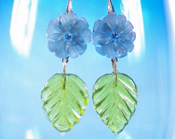 Handcrafted Glass Blue Flower Leaf Earrings Under 25, Fairycore Botanical Flower Earrings, Friend Birthday Graduation Wedding Earring Gift