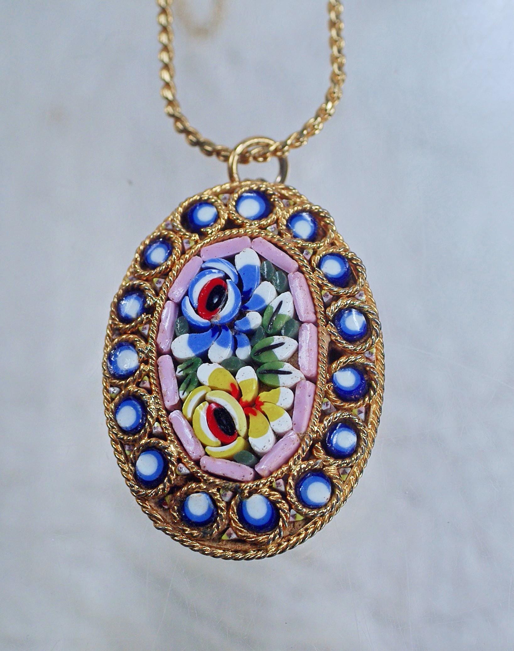 Pendentif Ancien XIXe Micro-mosaïque + Chaîne 44cm - Argent Massif