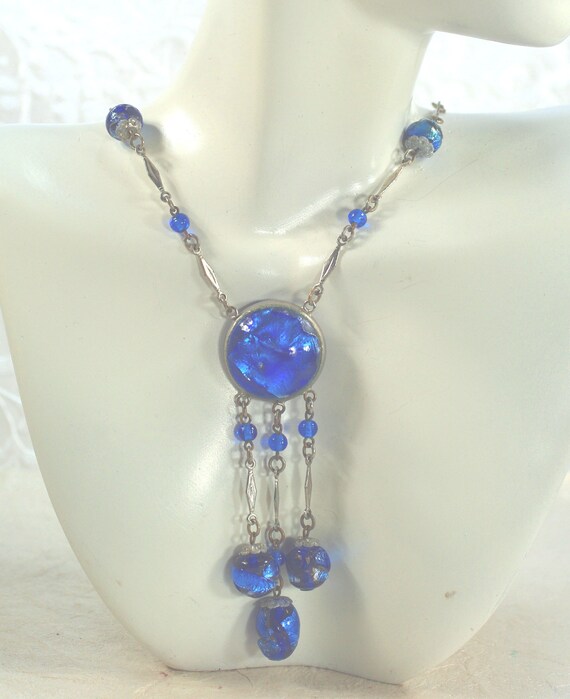 Vintage Czech Blue Foil Glass Necklace, Art Deco … - image 5