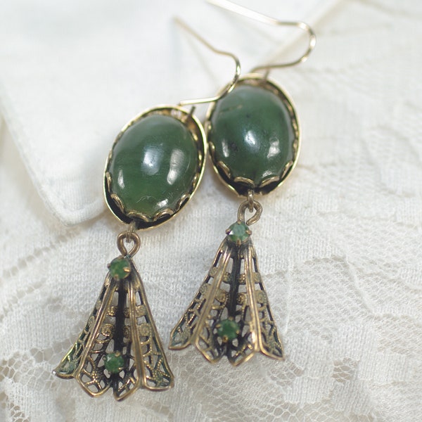 Vintage Art Deco Style Jade Cab Dangle Earrings, Green Rhinestone Filigree Fan Earrings, Retro Bohemian Gemstone Earrings, Earrings Under 35